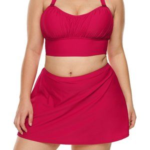 Red Wireless Plus Size Bikini Top and Swim Skirt Set